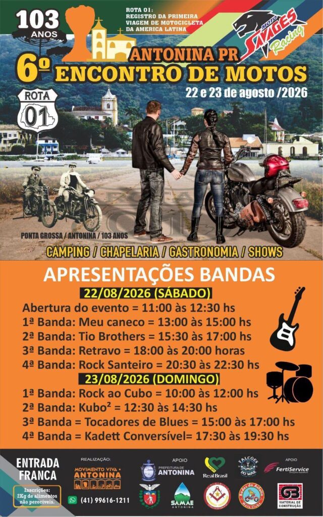 Nos dias 22 e 23 de agosto, Antonina recebe o 6º Encontro de Motos, com música, gastronomia, cultura e muita confraternização! 🤘🏍️
